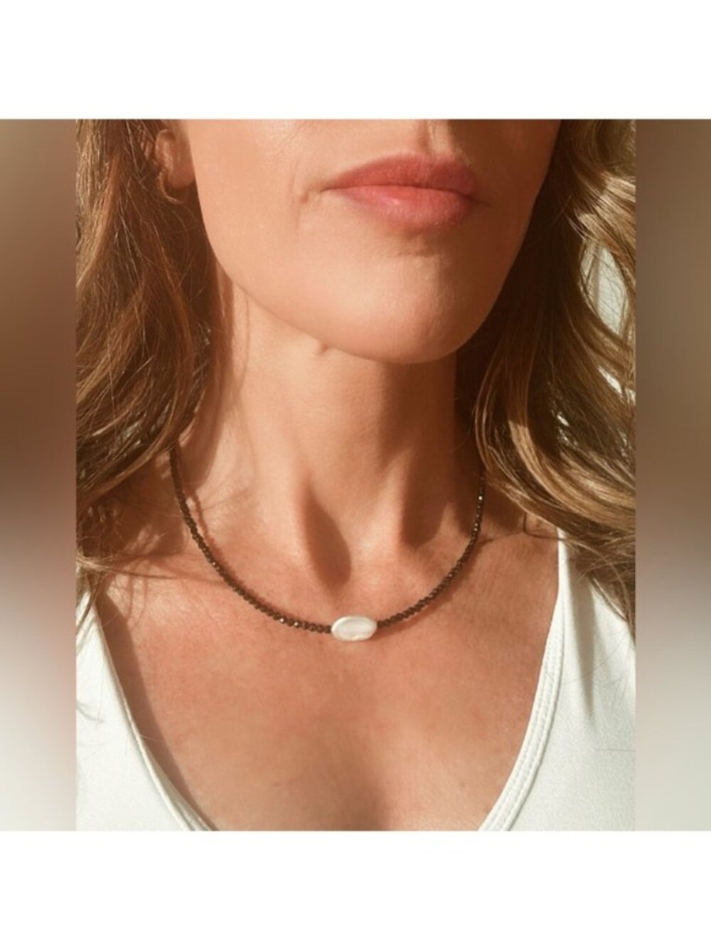 Black Gemstone Necklace w/ baroque Pearl Waterproof Gold Necklace BEAUTIFUL